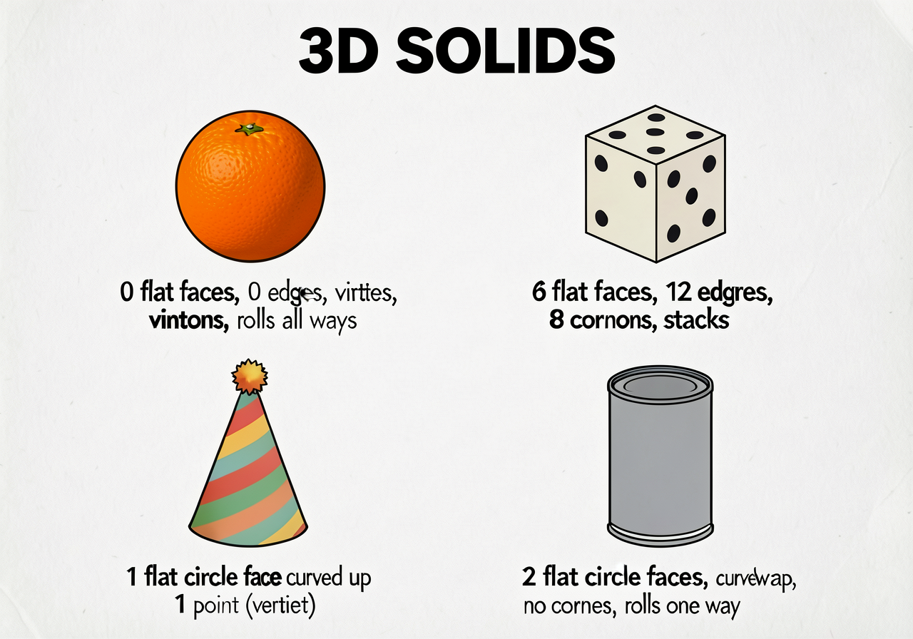 24"x36" poster titled '3D SOLIDS.' Four panels: (top-left) sphere with photo of orange + '0 flat faces, 0 edges, 0 verti