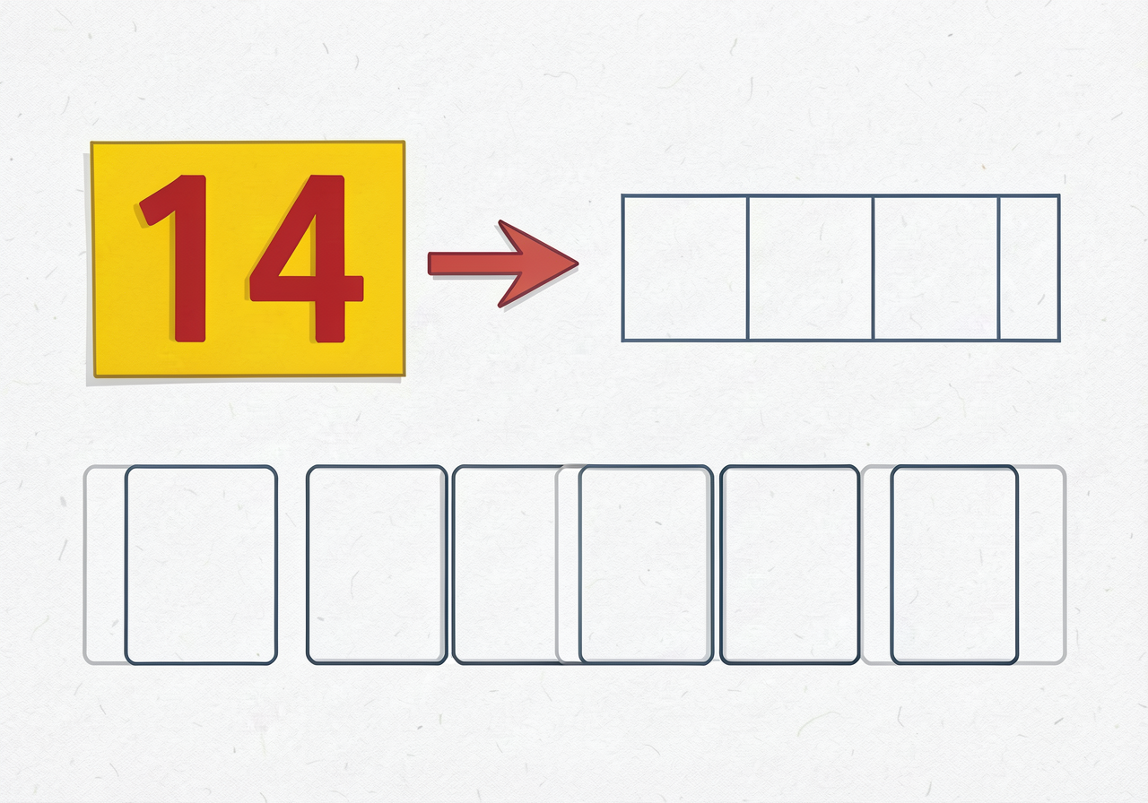 Visual prompt card: numeral '14' in 48-pt bold red on a yellow card, with an arrow pointing right and 6 empty boxes to b