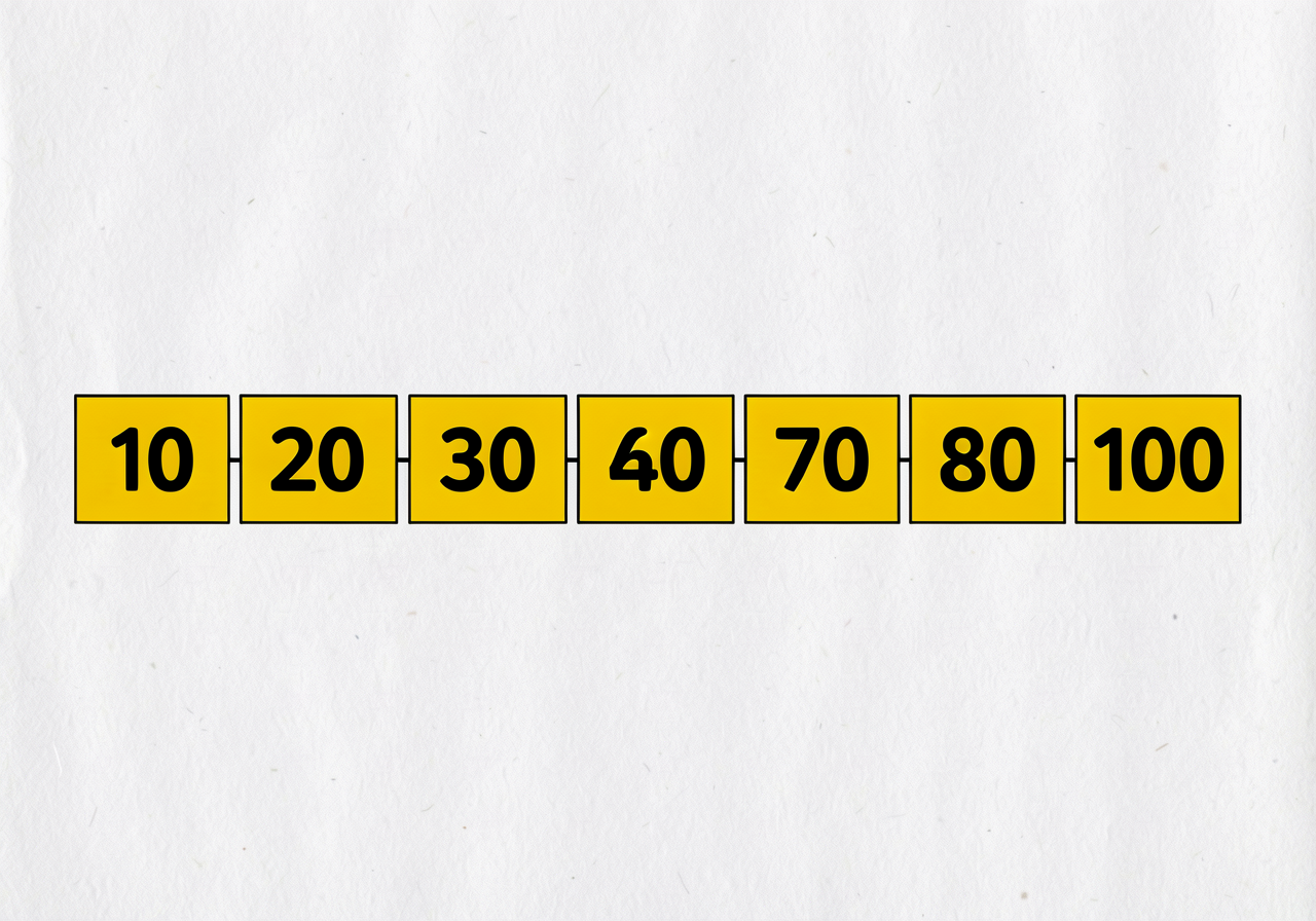 Number-line strip showing 10, 20, 30, 40, 50, 60, 70, 80, 90, 100 in 36-pt bold, each in its own yellow box; designed as