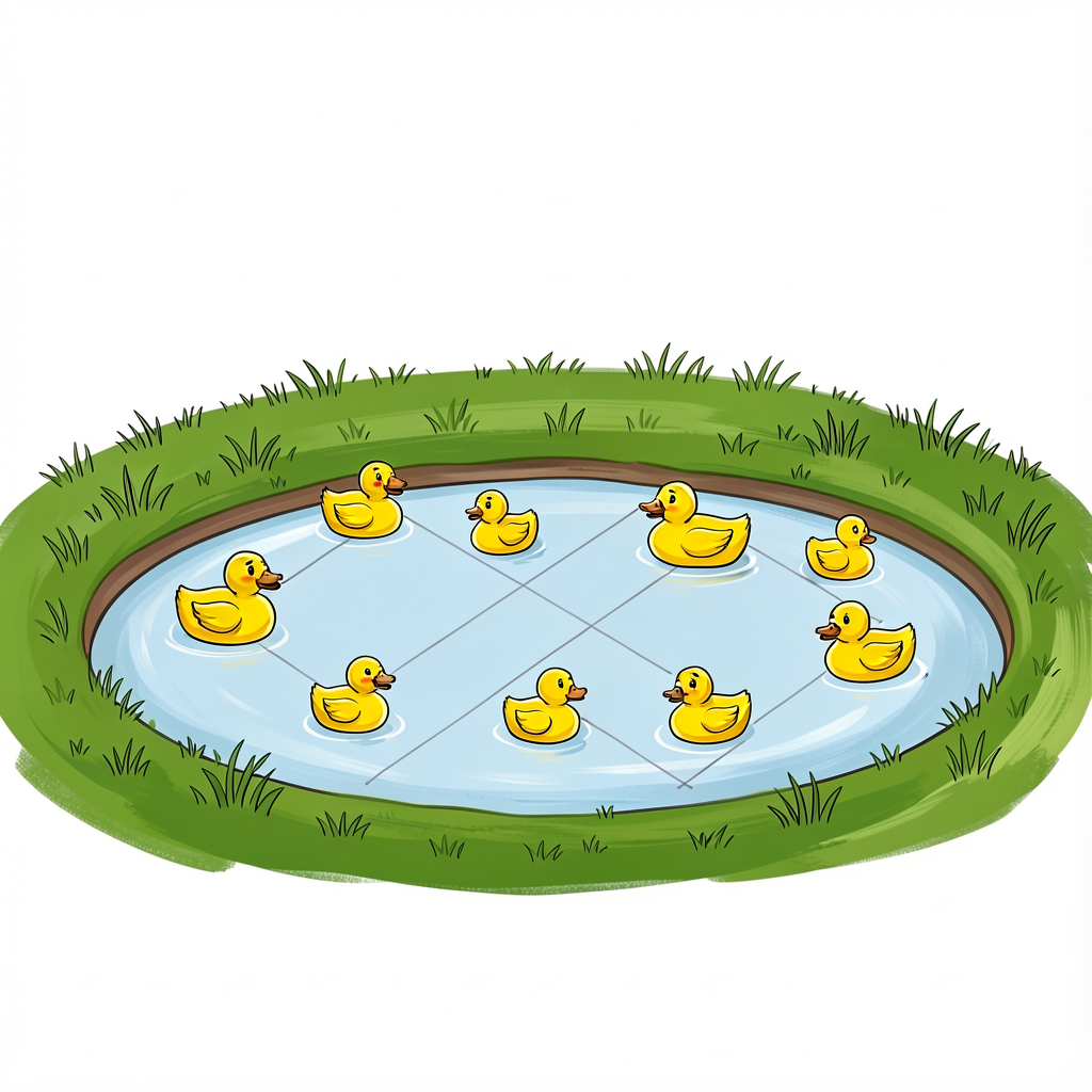 Worksheet illustration: a pond with 10 cartoon yellow ducks scattered (not in a line) in the water and on the bank. Ligh