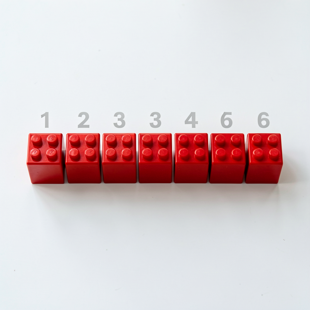Top-down photo of 6 red unifix cubes lined up on a white table; numbered labels 1-6 above each cube (faded gray) showing