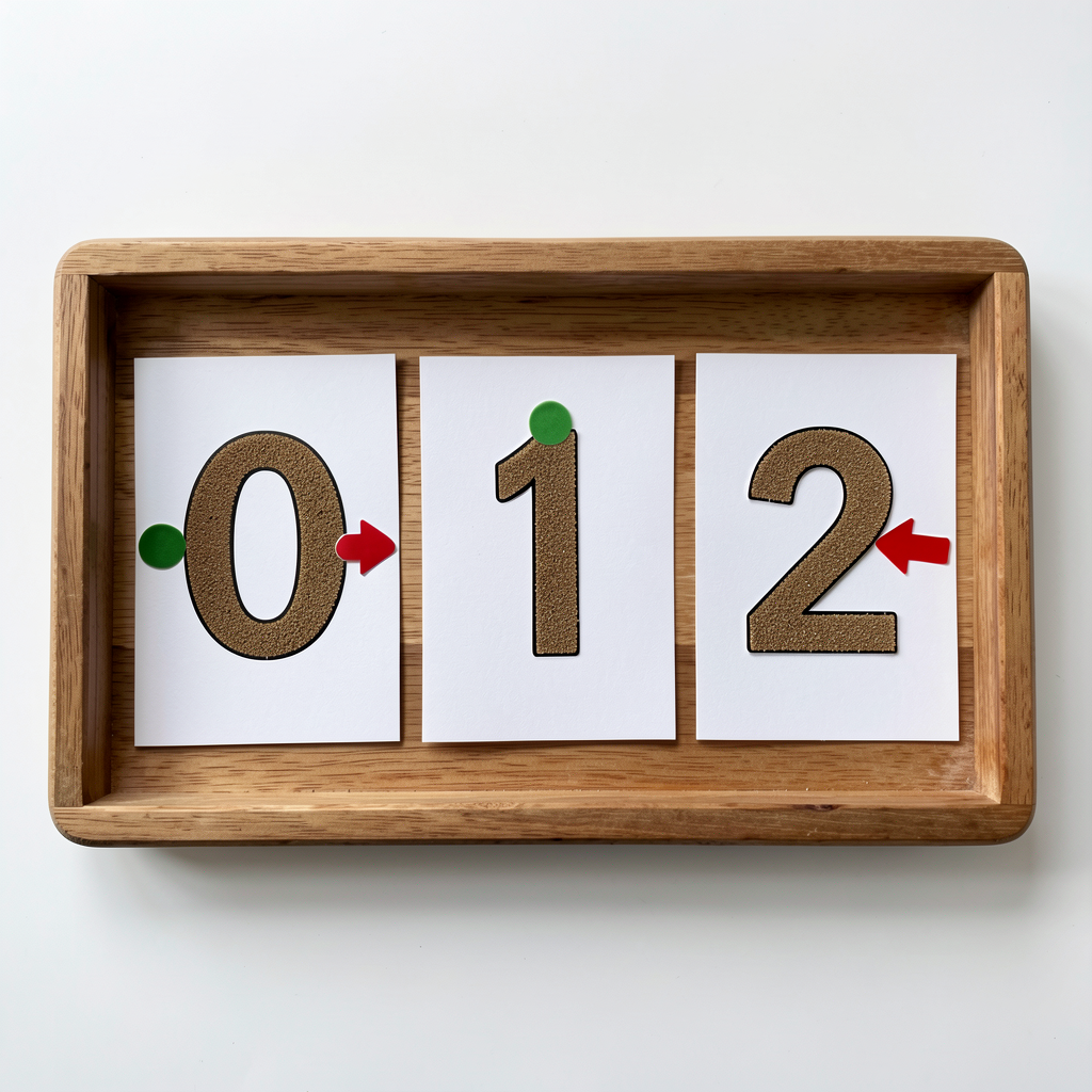 Photo of three sandpaper numeral cards (0, 1, 2) arranged in a row on a wooden tray; sandpaper texture visible against w