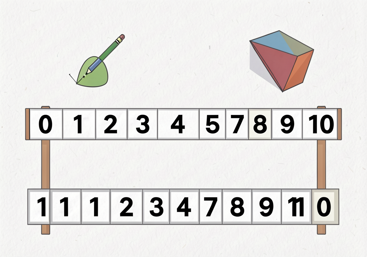 Reference numeral strip mounted at each desk: 11 cells showing 0, 1, 2, 3, 4, 5, 6, 7, 8, 9, 10 in 36-pt bold black on w