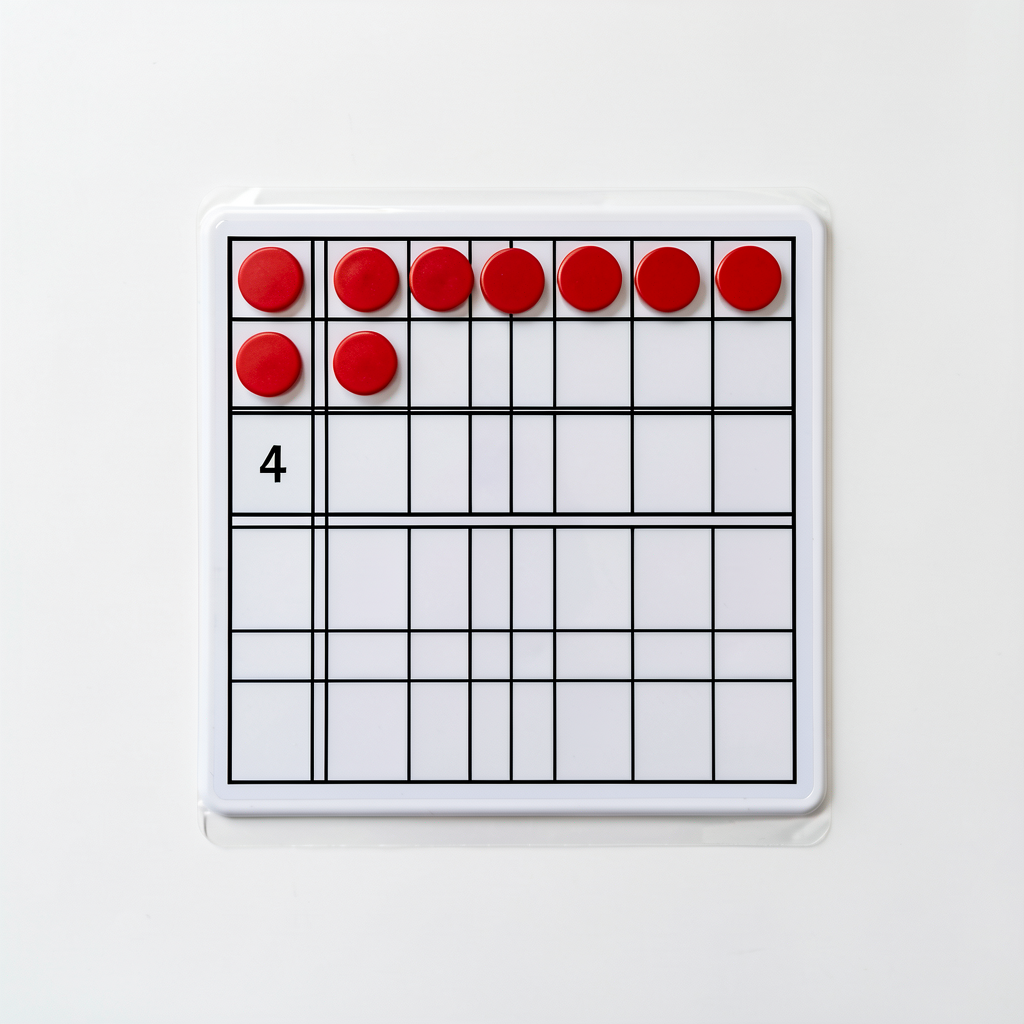 Photo of correctly-built 4 on a 5x2 ten-frame mat: 4 red counters in top row (cells 1-4), top-row cell 5 empty, entire b