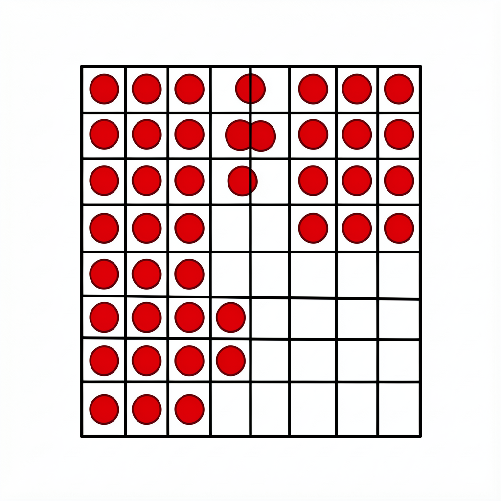 Ten-frame image: 5x2 grid with top row entirely filled with 5 red dots and bottom-row left 3 cells filled with red dots;
