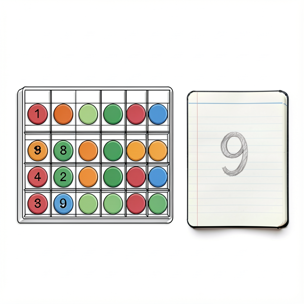 Reference photo showing correct setup: ten-frame mat with 9 counters arranged as 5 top row + 4 bottom row (left to right