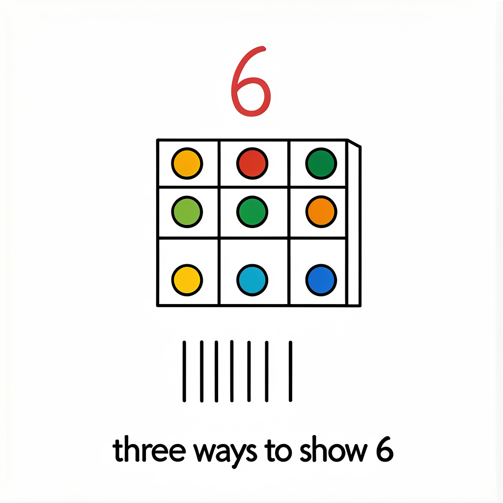 Exemplar journal page (teacher reference): numeral '6' written in red pencil at top; below, a hand-drawn 5x2 ten-frame w