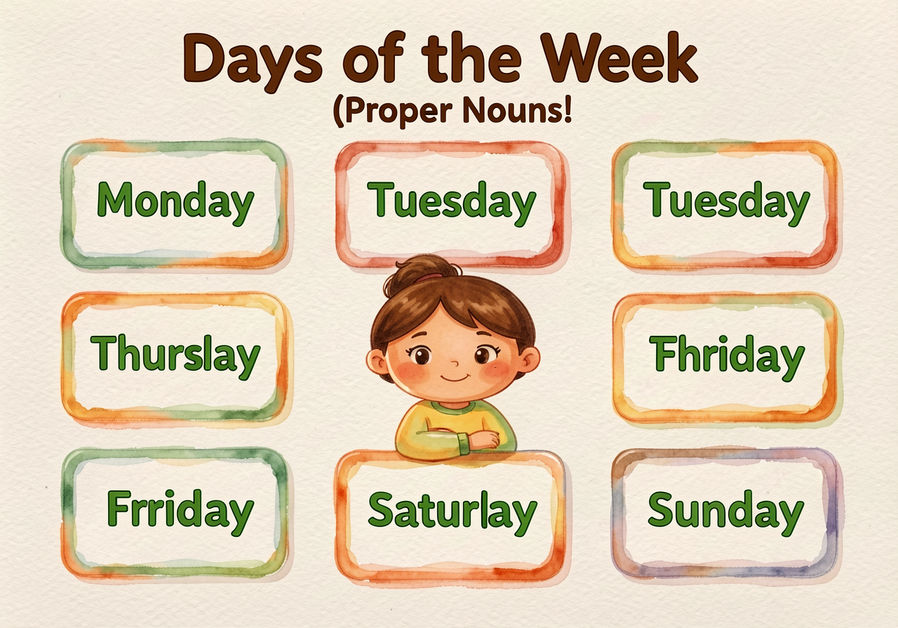Wall chart 'Days of the Week (Proper Nouns!)'. Seven cards: Monday, Tuesday, Wednesday, Thursday, Friday, Saturday, Sund