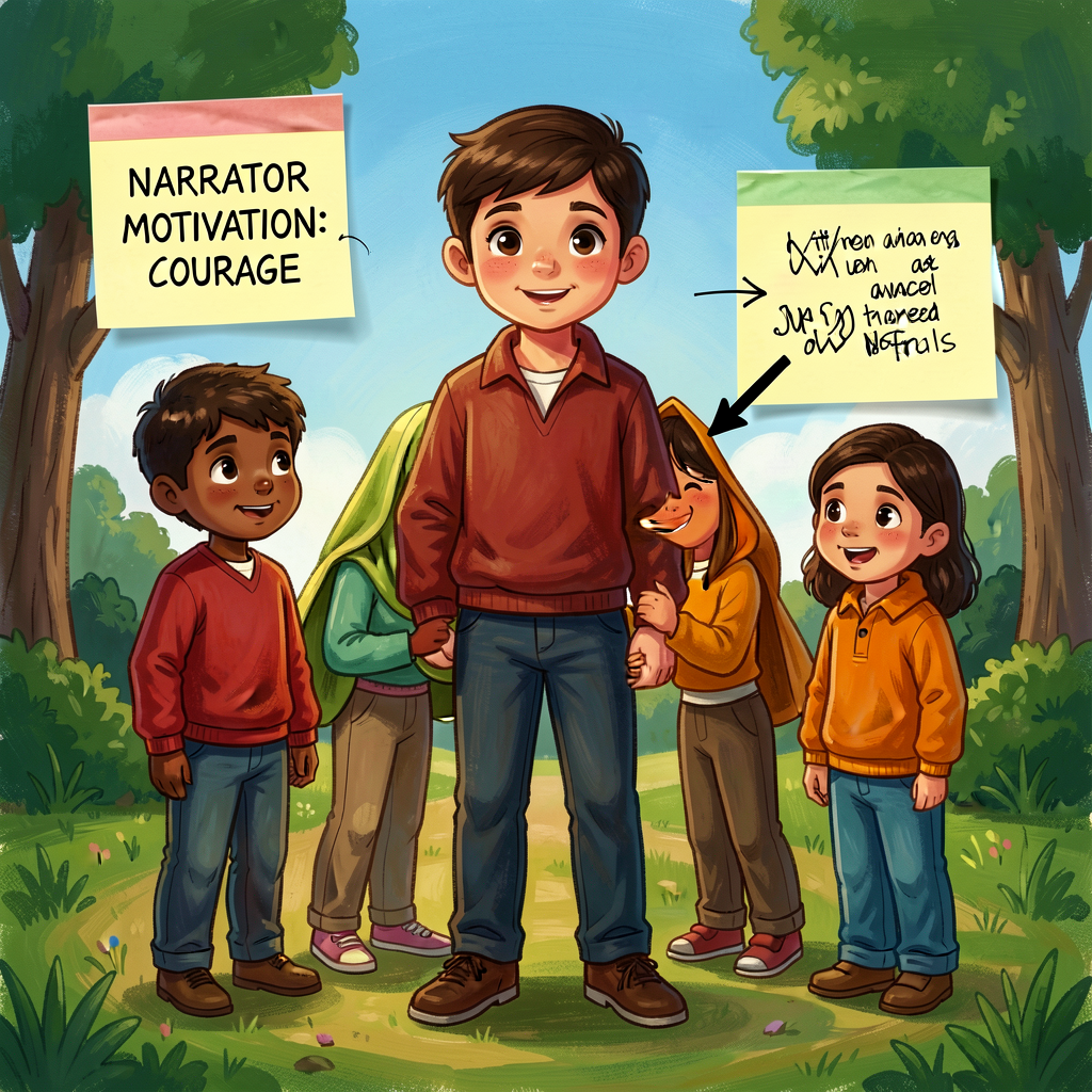 Reference image of a Grade-3 draft with a margin sticky-note reading 'NARRATOR MOTIVATION: COURAGE' and an arrow pointin