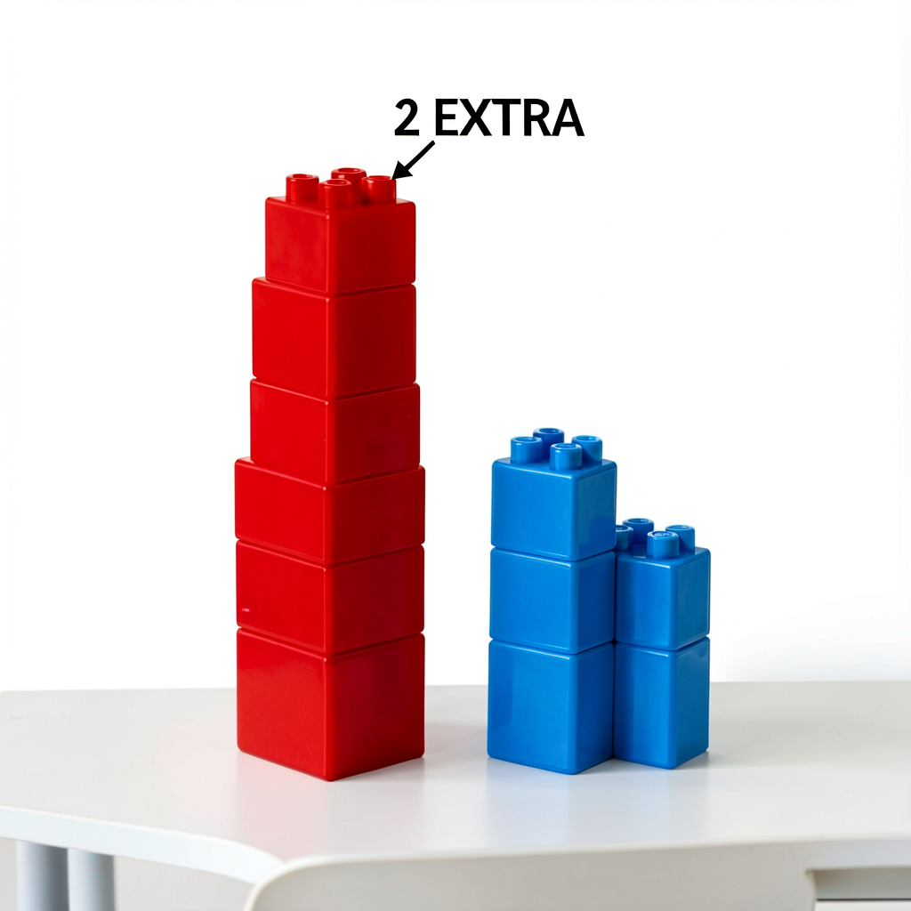Photo: red unifix-cube tower (6 cubes) and blue unifix-cube tower (4 cubes) standing side by side on a white desk. Red i