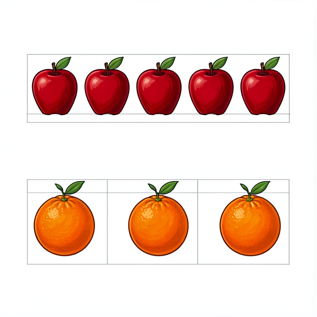 Worksheet image: top row shows 7 red apples in a horizontal row, evenly spaced; bottom row shows 5 orange citrus fruits 