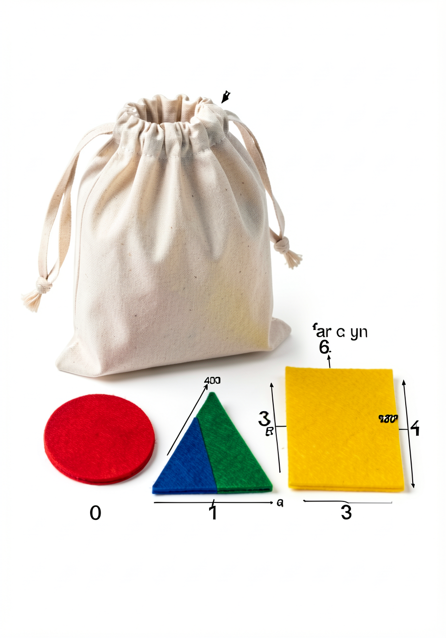 Photo of a small drawstring bag (canvas, ~6" tall) with 4 felt shapes visible nearby: red circle, blue square, green tri