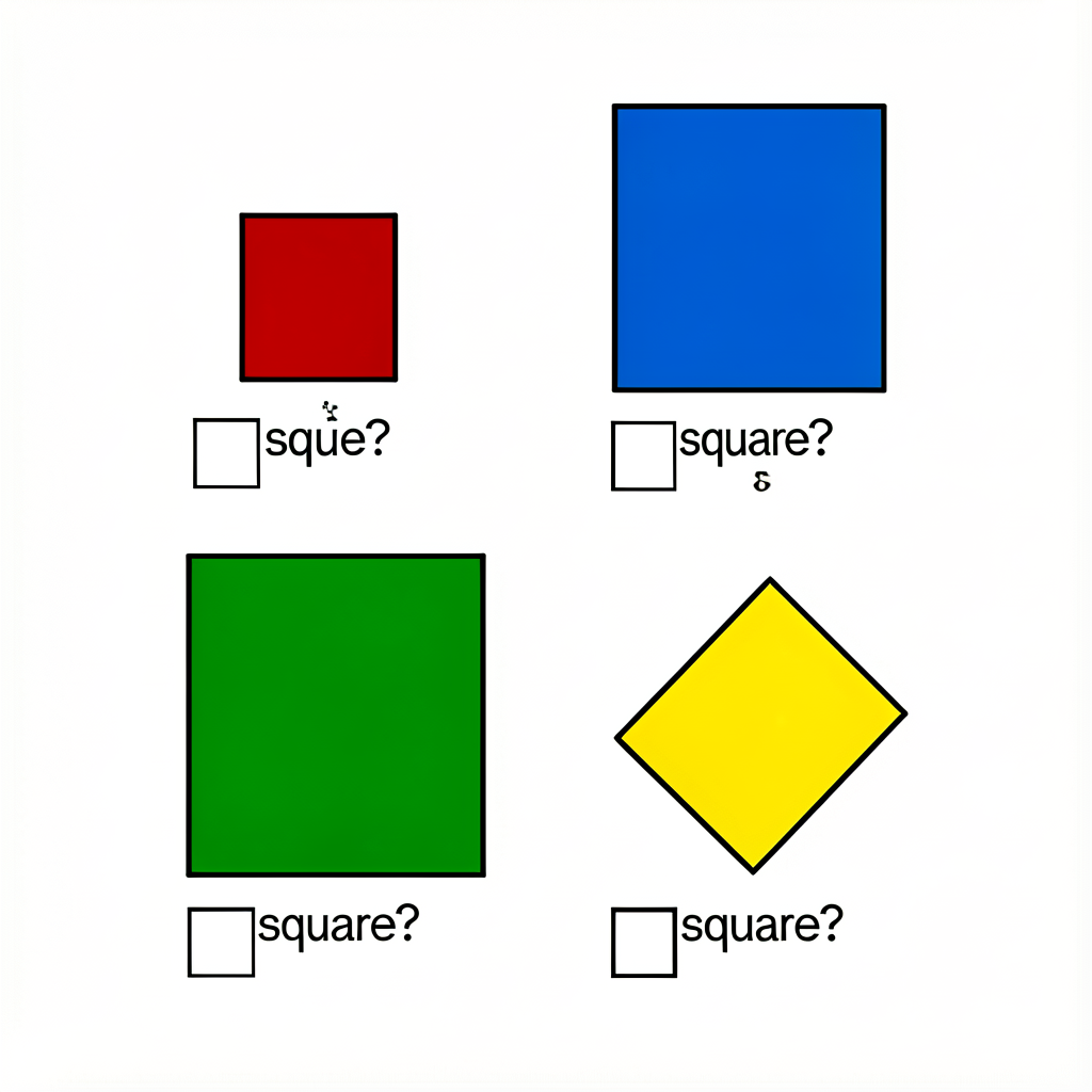 Worksheet image showing 4 squares arranged in a 2x2 grid: top-left small upright square (red); top-right medium upright 