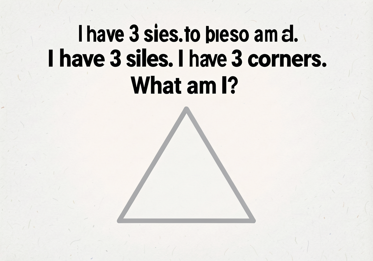 Riddle card 8.5"x5.5": 'I have 3 sides. I have 3 corners. What am I?' in 28-pt black text; bottom shows a silhouette out