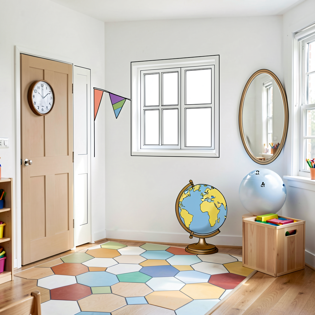 Photograph of a real kindergarten classroom: visible objects include a round wall-clock (circle), a rectangular door, a 