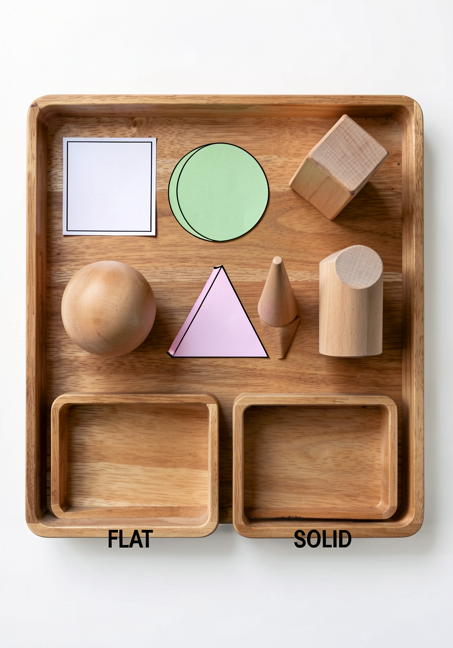 Top-down photo of 8 objects on a wooden tray: paper-cut shapes (square, circle, triangle, rectangle — all on flat paper,