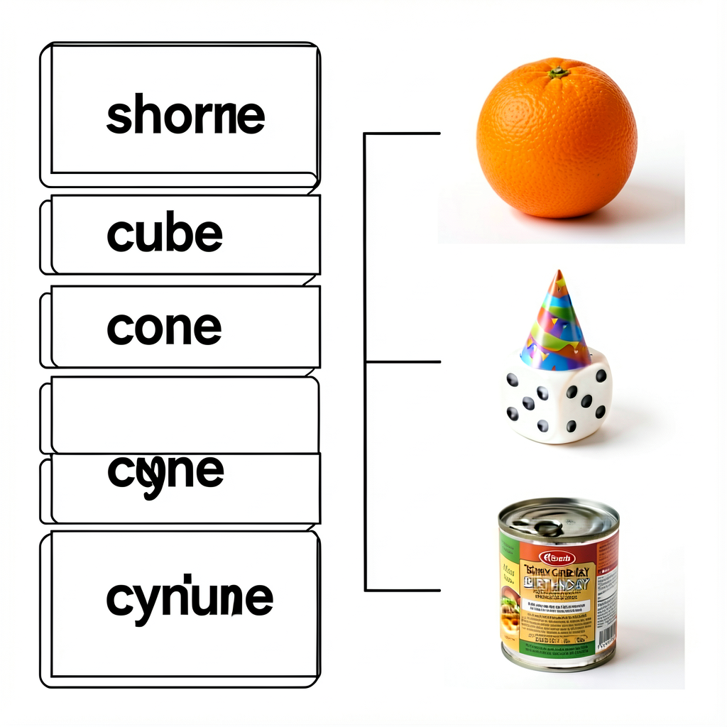 Worksheet with two columns: left column 4 solid-name cards in 24-pt text (sphere, cube, cone, cylinder); right column 4 