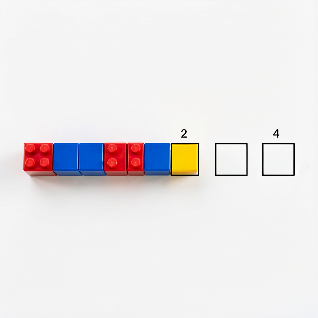 Photo of unifix cubes laid out: 6 cubes in a row (red-blue-red-blue-red-blue) with 4 empty cube-shaped placeholder outli