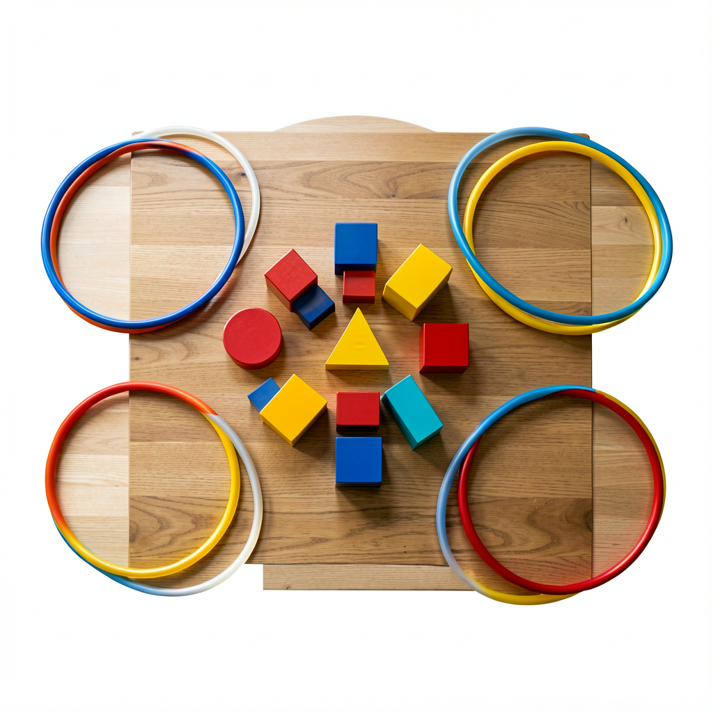 Photo of a wooden table with 12 attribute blocks (varied colors red/blue/yellow, shapes circle/triangle/square/rectangle