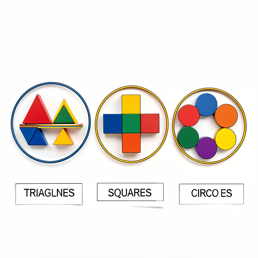 Photo: the same 12 attribute blocks now in 3 hoops sorted by shape — one hoop has 4 triangles (mixed colors red/blue/yel