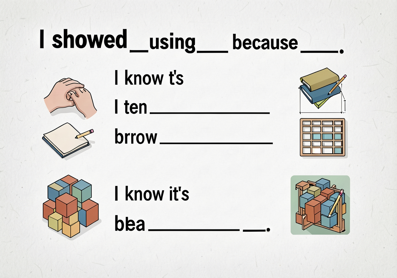 Sentence-frame chart 18"x12" placed at workstation: 'I showed ___ using ___. I know it's ___ because ___.' in 28-pt blac
