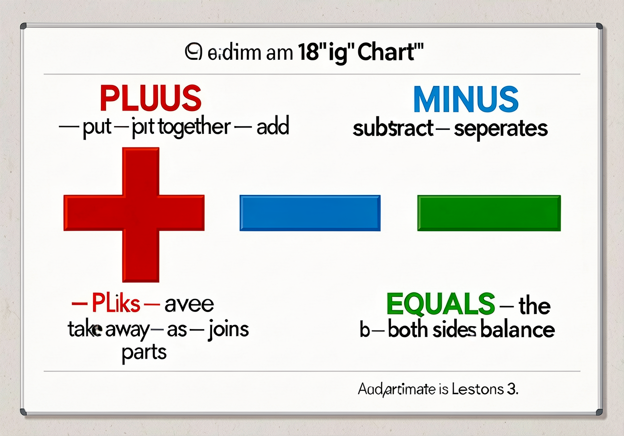 Addition and Subtraction sign chart: large laminated 18-inch chart showing the + sign (red, with the words 'PLUS — put t