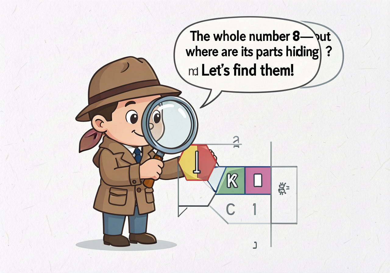 Math Detective unit-mascot chart: a friendly cartoon detective with a magnifying glass examining a number bond. Speech b