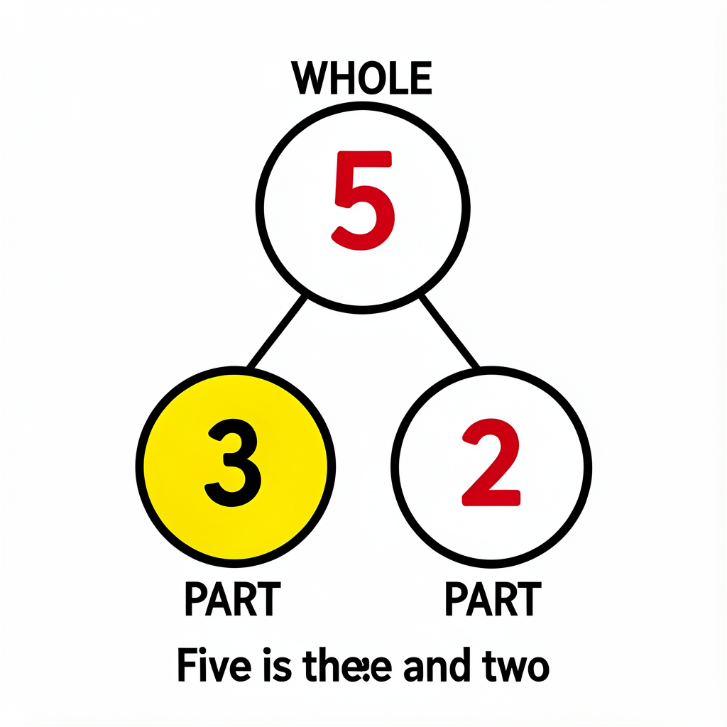Clean math-textbook illustration of a number bond: a large circle on top labeled '5' (red marker), two smaller circles b