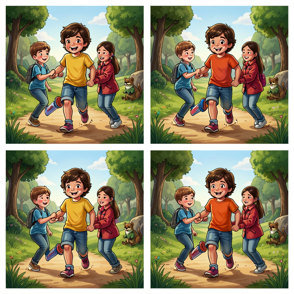 Reference photo grid of the 4 motion-verb scenarios from M-3-F-VOC-10-B.
