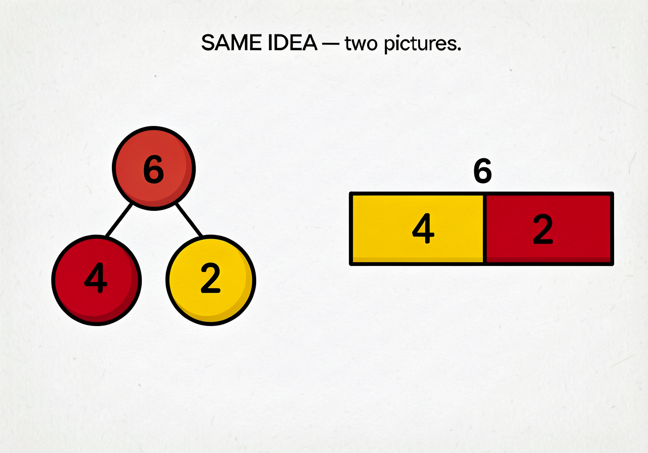Two-panel chart, 18x12 inches. Left panel: number bond with whole 6 on top, parts 4 and 2 below (red and yellow circles,