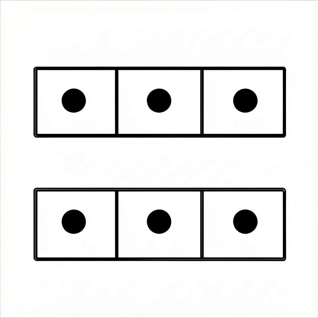 8.5x11 inch card. Top half: a horizontal 5-cell row, all 5 cells filled with solid black dots (1.5 cm each). Bottom half