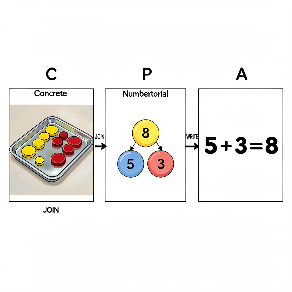 Three side-by-side 6-inch panels labeled C, P, A. Panel C (Concrete): photograph of 5 yellow + 3 red two-color counters 