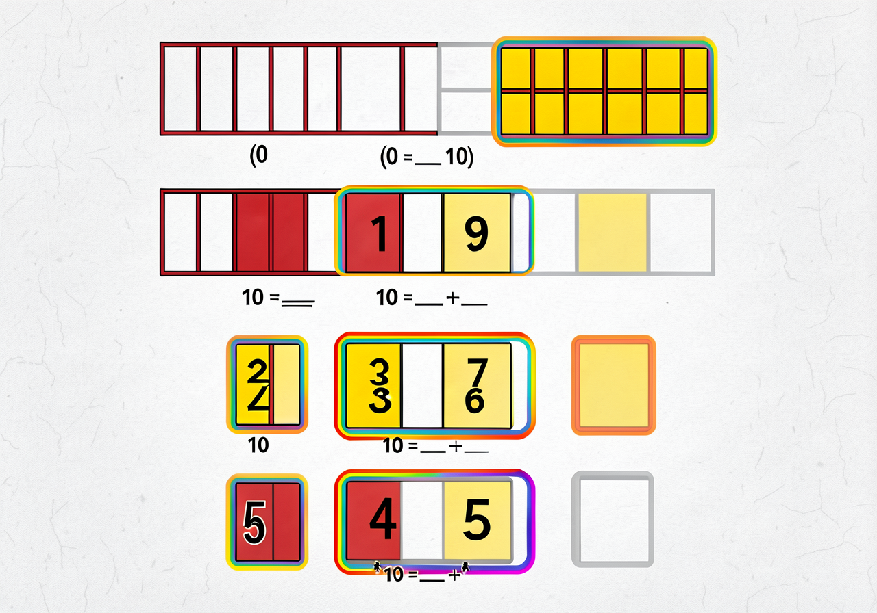 Large 24-inch poster shown at end of lesson. Six rows, each showing one decomposition of 10: row 1 = (0, 10) with empty 