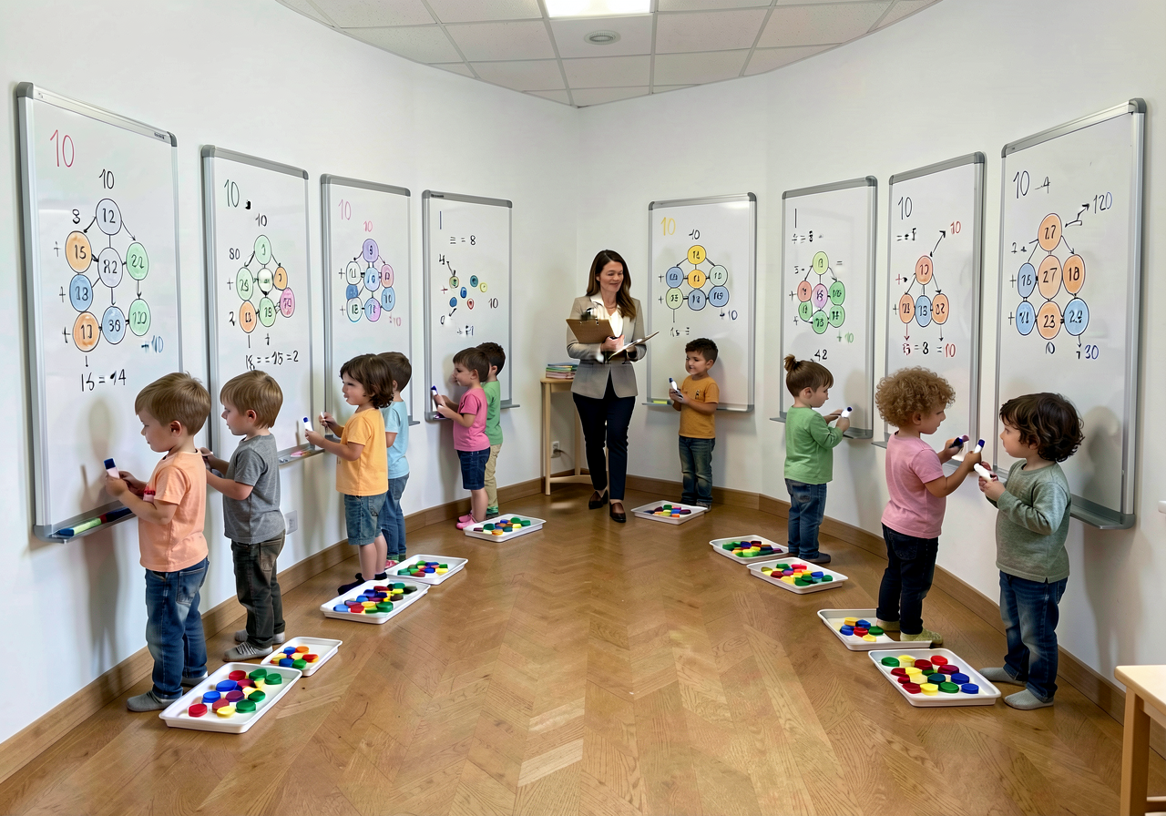 Wide shot of a kindergarten classroom. Eight vertical whiteboards mounted at child-height around the room walls; 8 pairs
