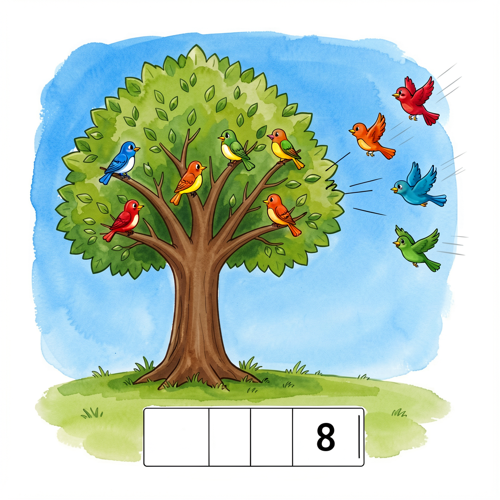 Children's book illustration of a leafy green tree on a bright blue sky background. 5 colorful cartoon birds (mixed colo