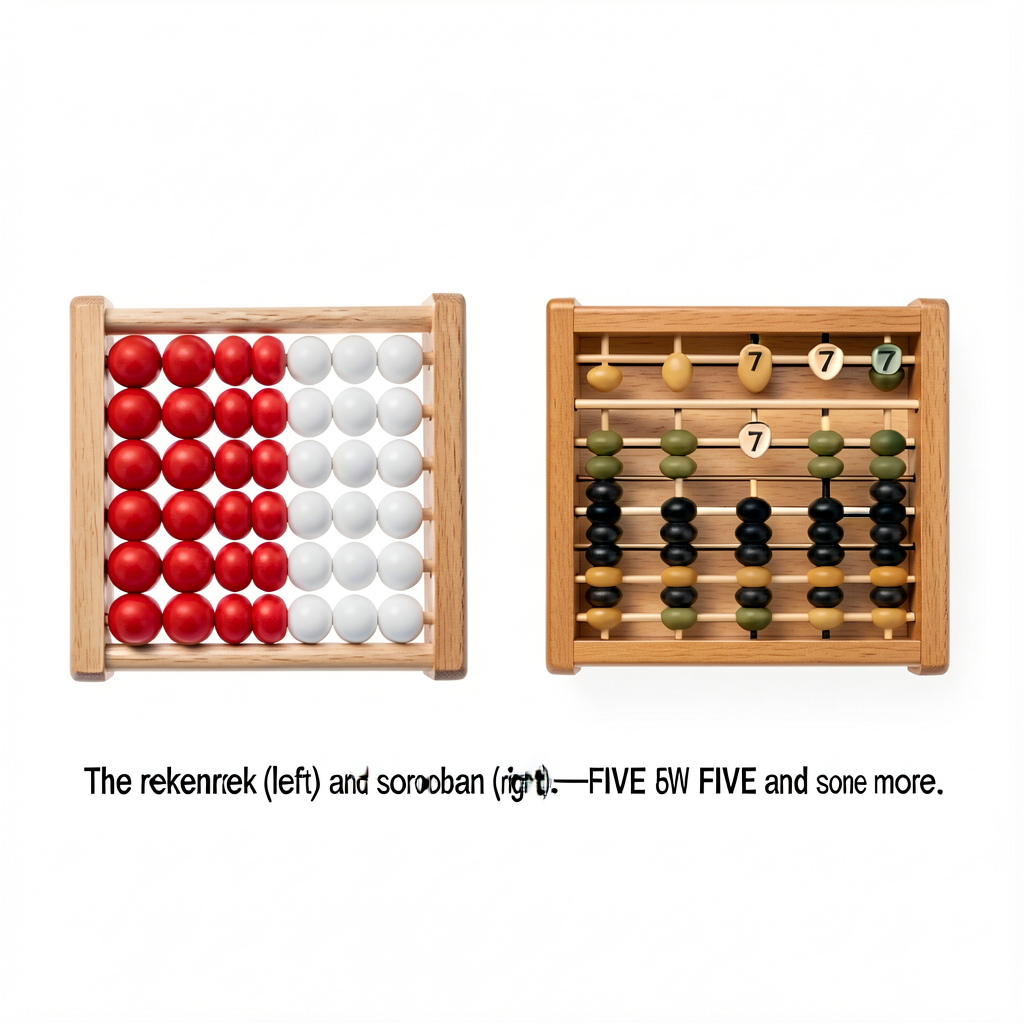 Studio photo, plain white background. Left: a 10-bead single-row rekenrek (5 red beads + 5 white beads on a wooden frame