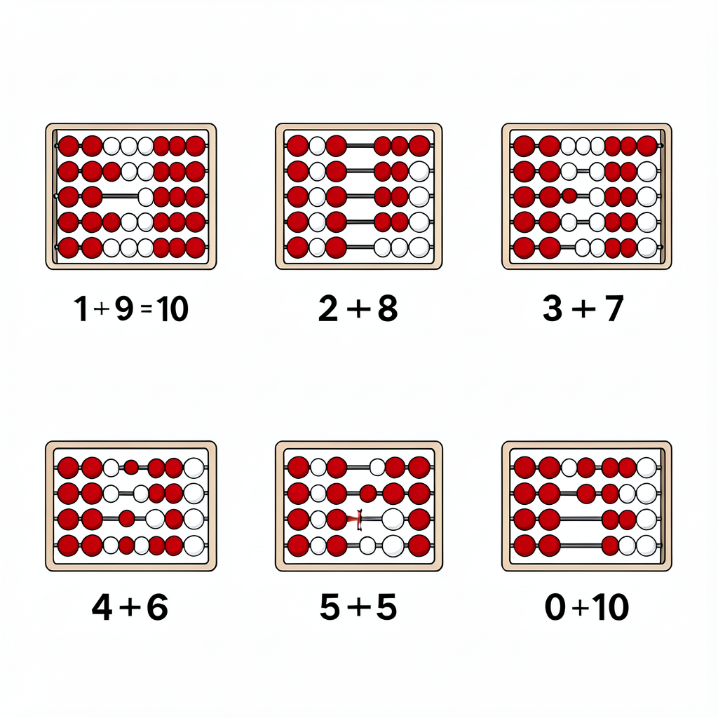 Six small diagrams (one per pair) in a 2x3 grid. Each diagram shows a 10-bead rekenrek with one configuration — top-left