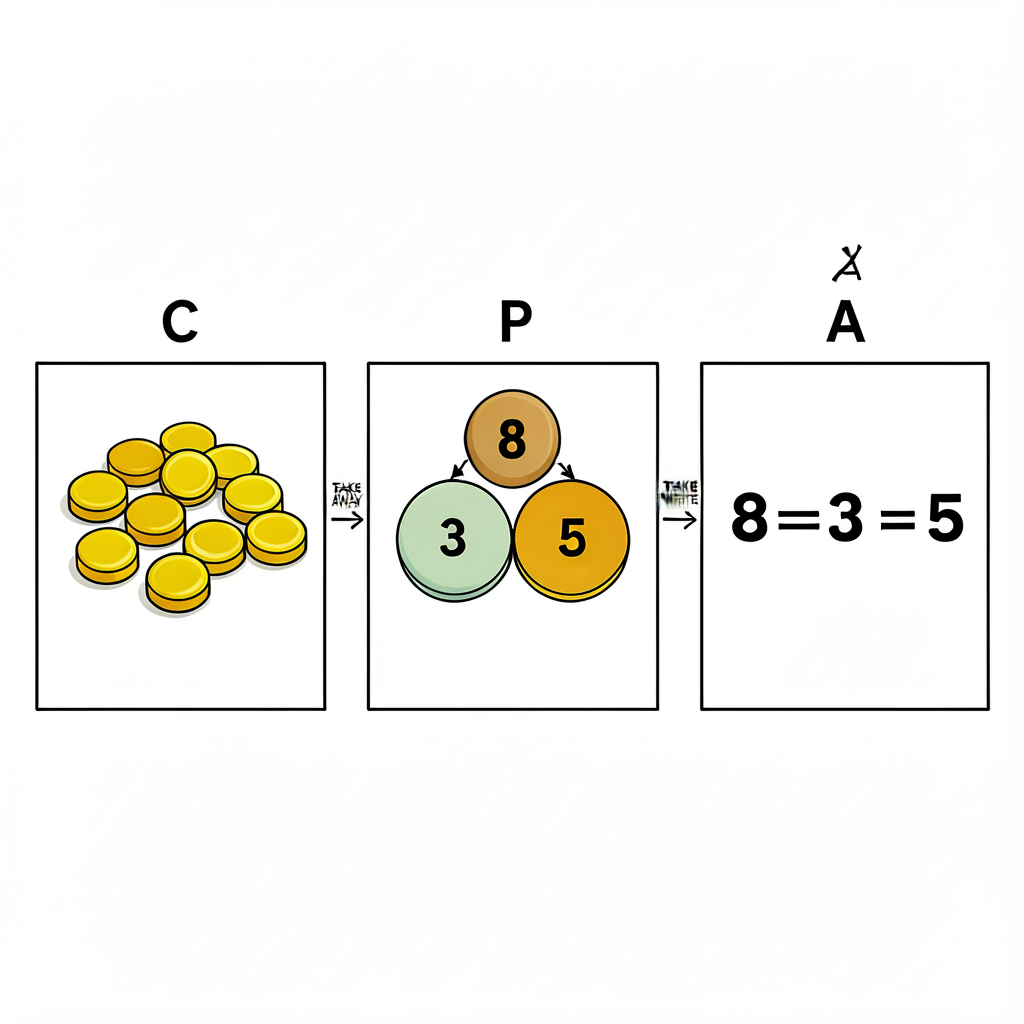 Three side-by-side 6-inch panels labeled C, P, A. Panel C: photograph of 8 yellow two-color counters; 3 are circled and 