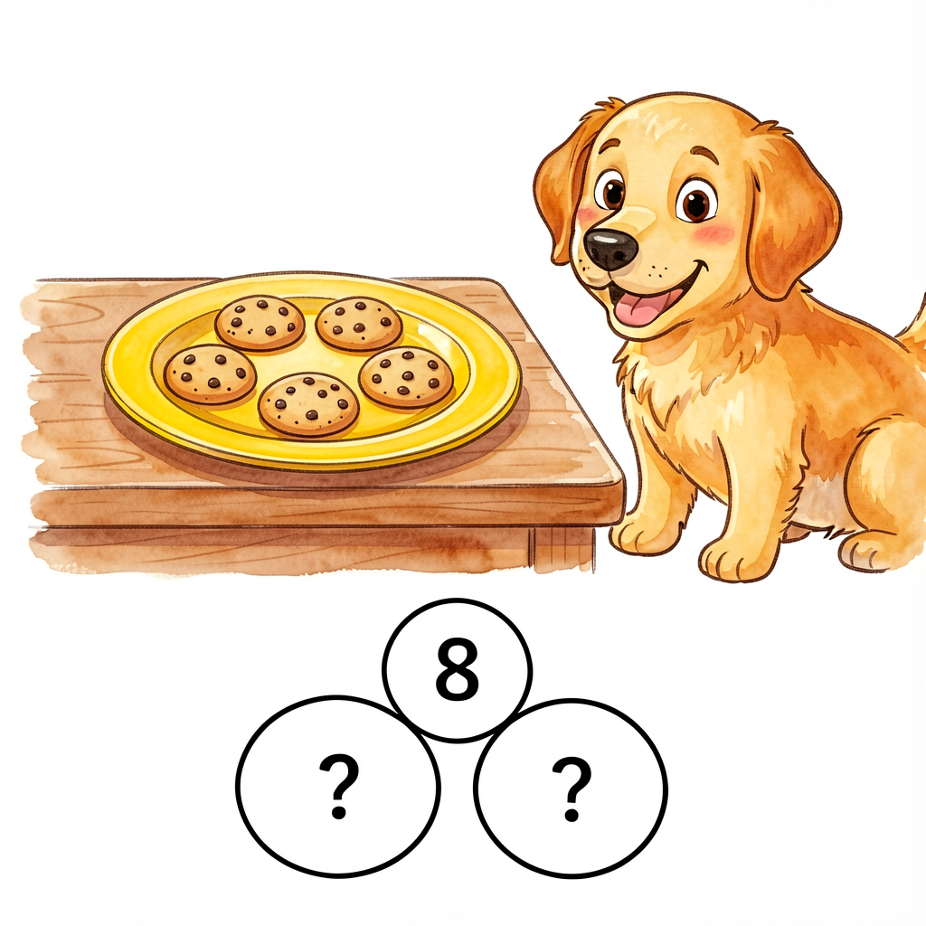 Children's book illustration: a yellow plate on a wooden kitchen counter with 8 round chocolate-chip cookies. A friendly