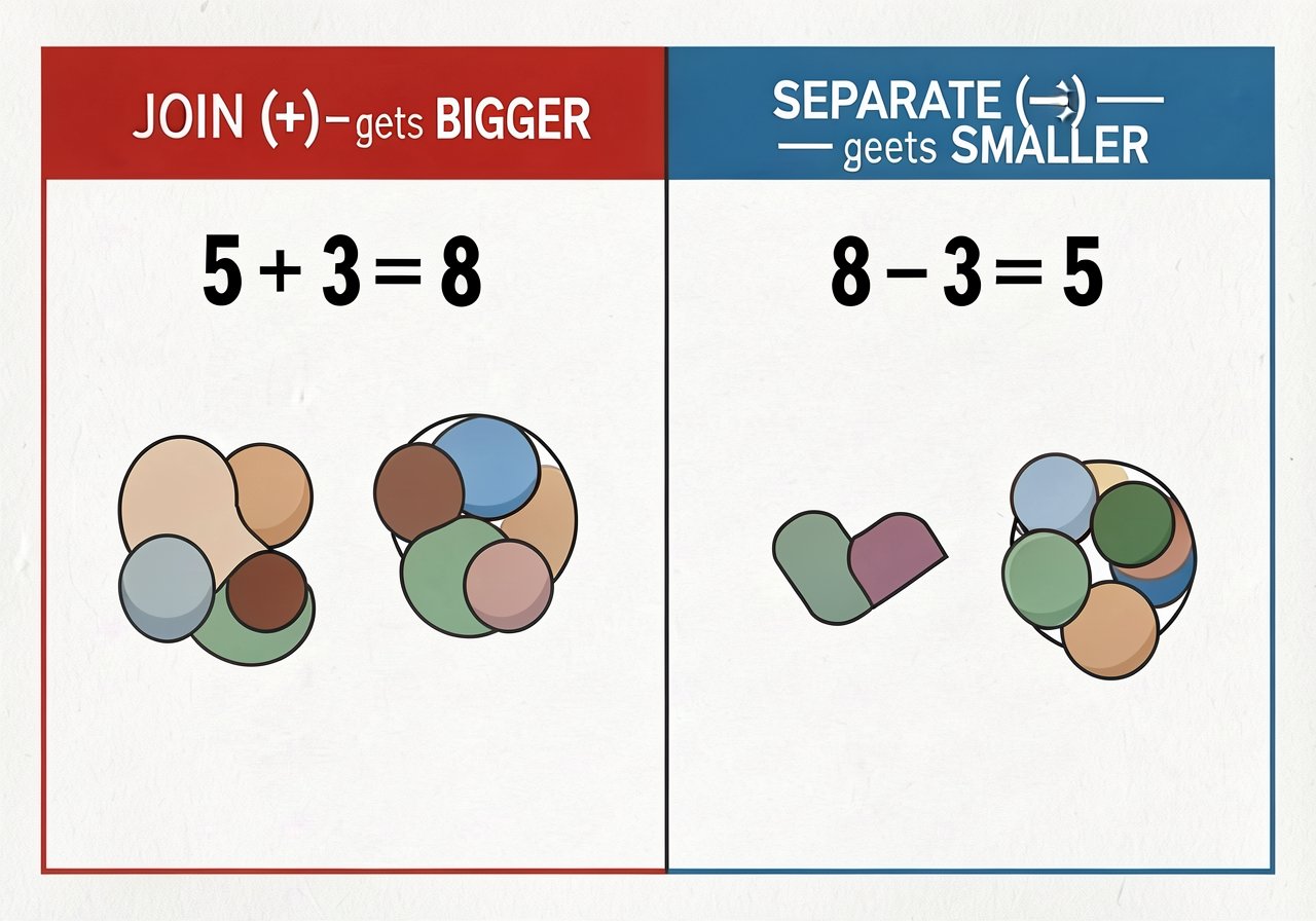 Two-column laminated 18x12 inch chart. Left column header 'JOIN (+) — gets BIGGER' with sample equation '5 + 3 = 8' and 