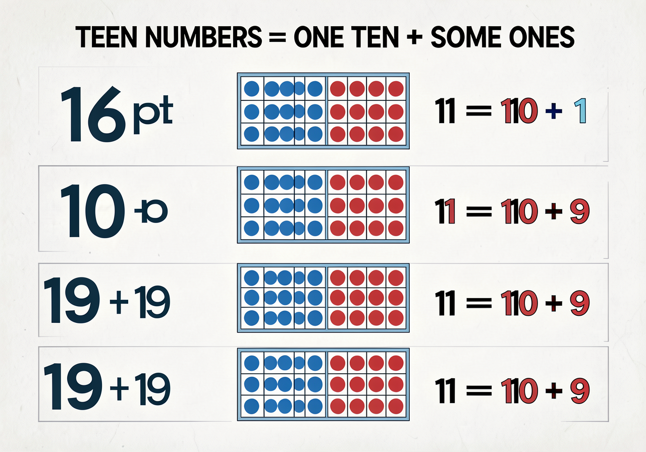 Large 24-inch poster. Header: 'TEEN NUMBERS = ONE TEN + SOME ONES'. Nine rows for 11 through 19. Each row shows: (1) the