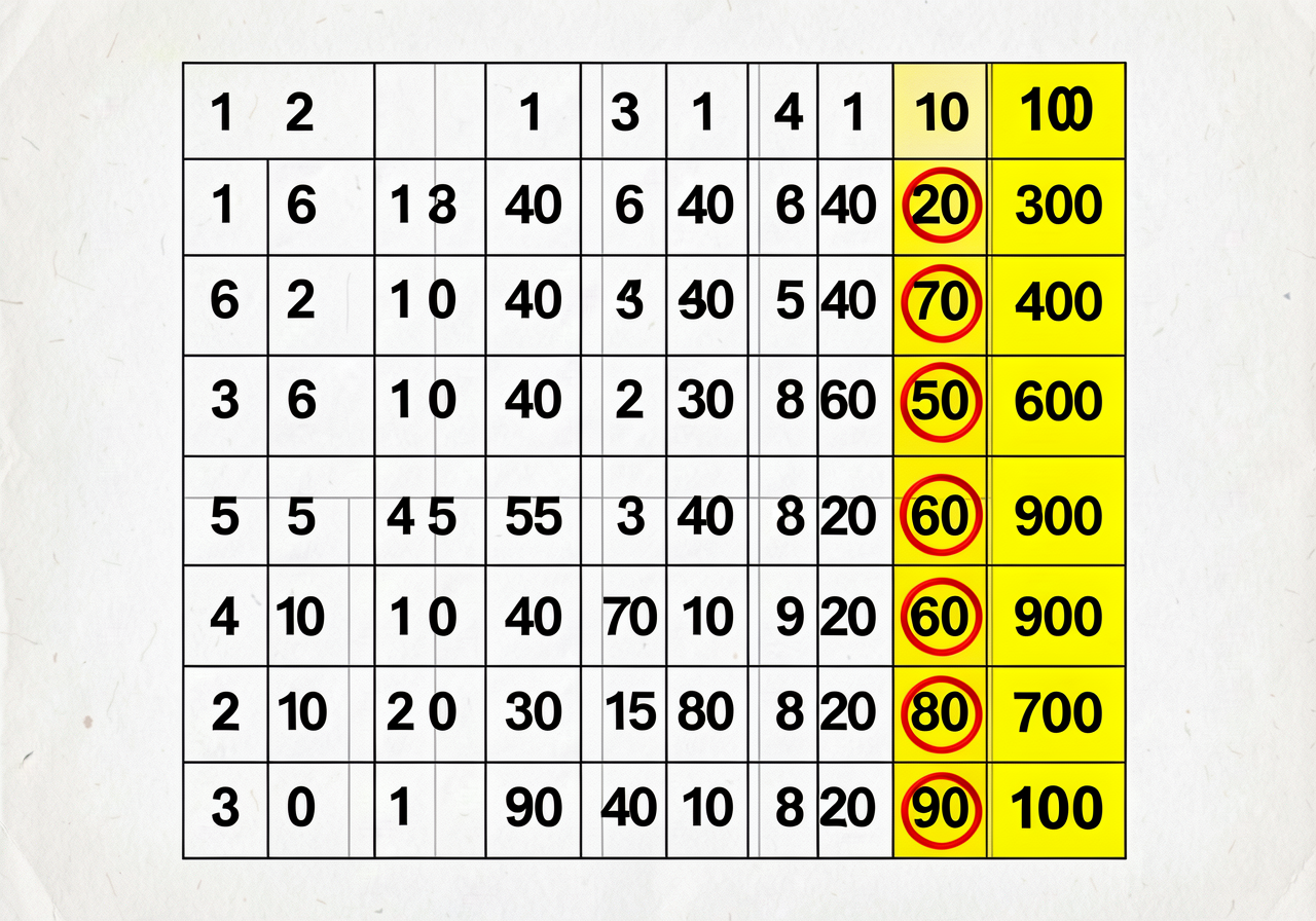 Standard 10x10 grid 100-chart (the K-Fall MG-2 chart) with the rightmost column (10, 20, 30, 40, 50, 60, 70, 80, 90, 100