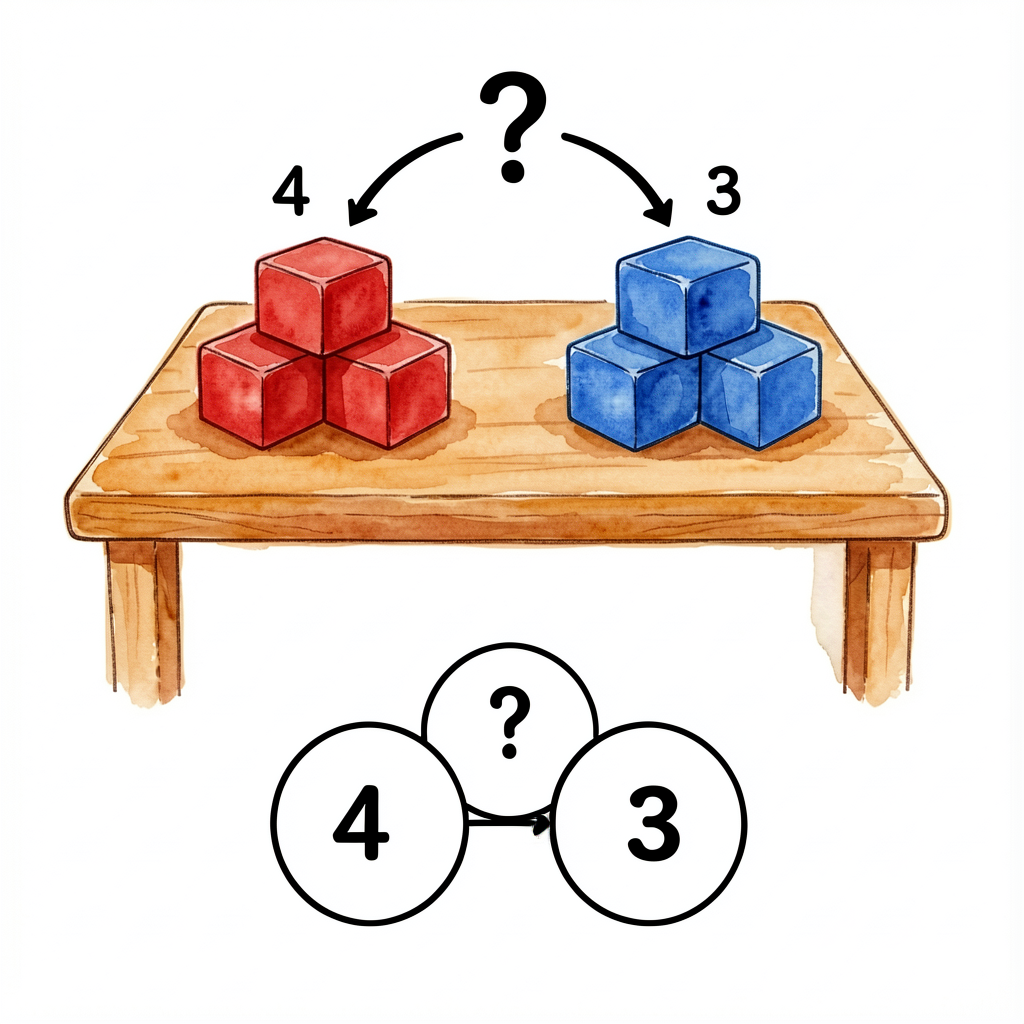 Children's book illustration: a wooden tabletop with 4 red blocks (cube shapes) clustered on the left, 3 blue blocks clu