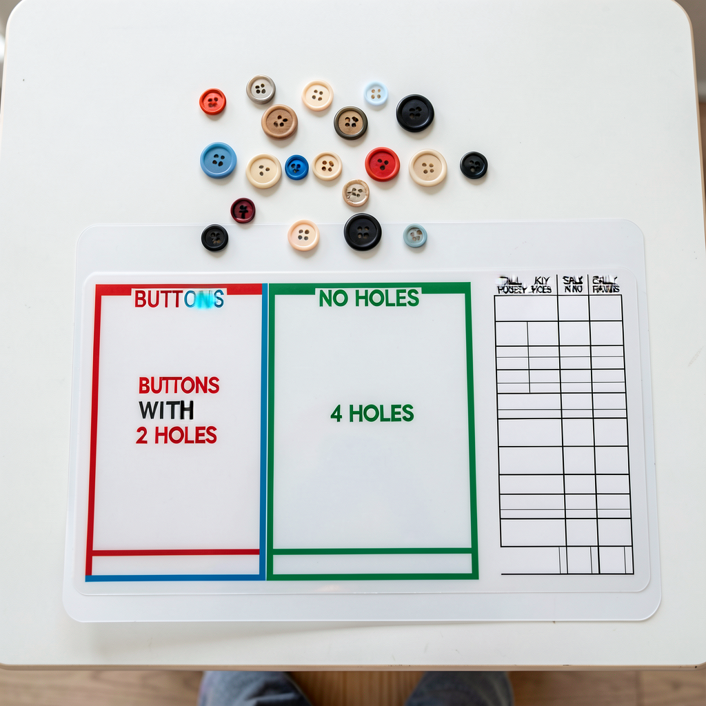 Top-down photo of a child-height table with a laminated sorting mat (3 zones labeled 'BUTTONS WITH 2 HOLES / 4 HOLES / N