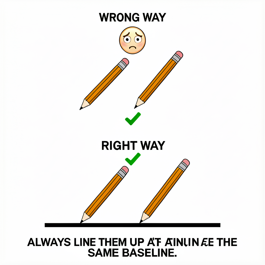 Two-panel diagram. Top panel labeled 'WRONG WAY': two pencils shown at random positions on the page, one offset from the