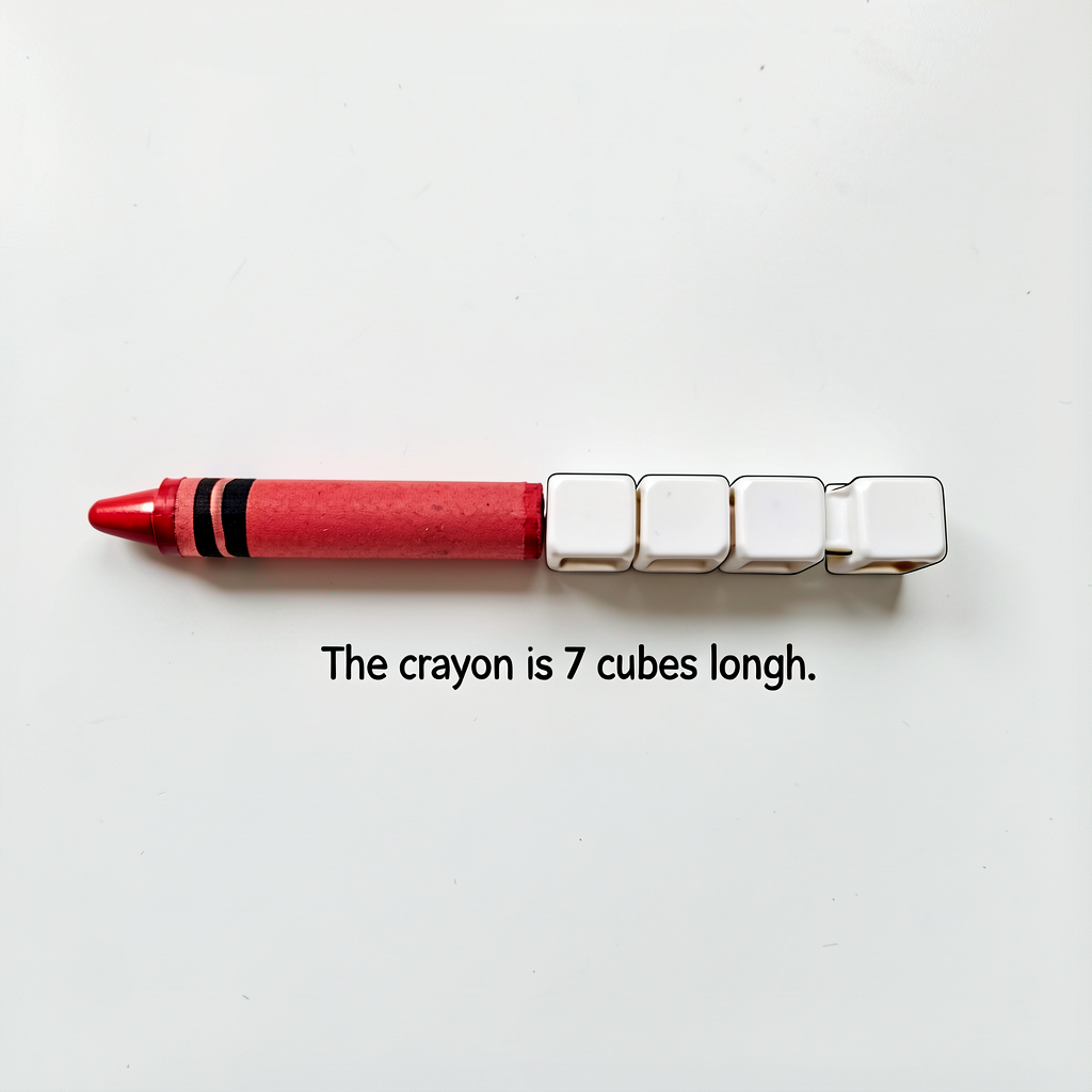 Top-down photo of a child-height table. A red crayon laid horizontally with a train of 7 linking cubes (snapped together