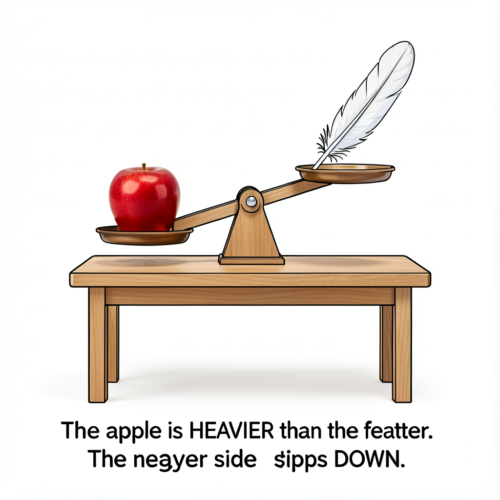 Studio photo of a child-height table with a wooden balance scale (two pans on a beam). Left pan contains one red apple. 