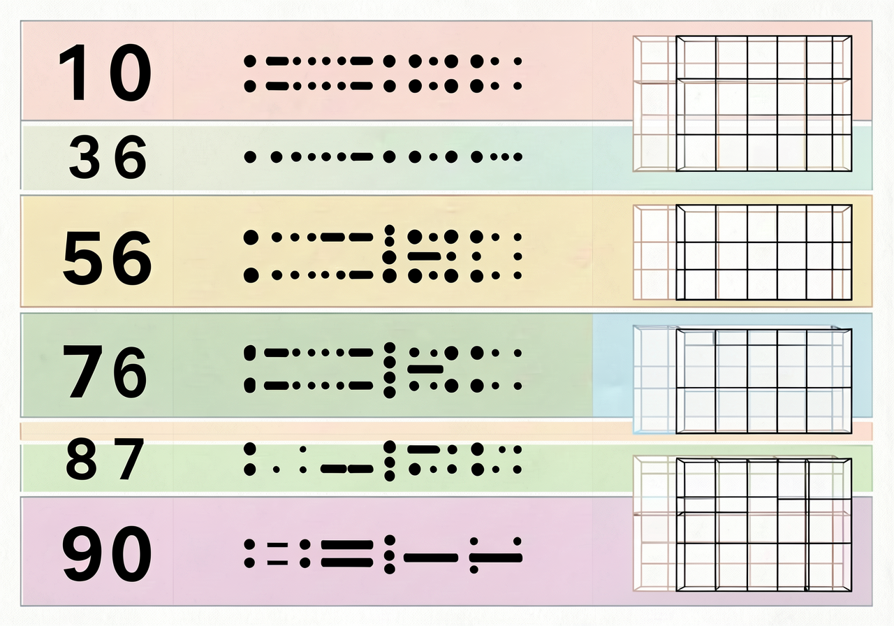 Large 18x12 inch chart. Ten rows, each showing: (left) standard numeral 1-10 in 36-pt, (middle) Maya equivalent in bars 