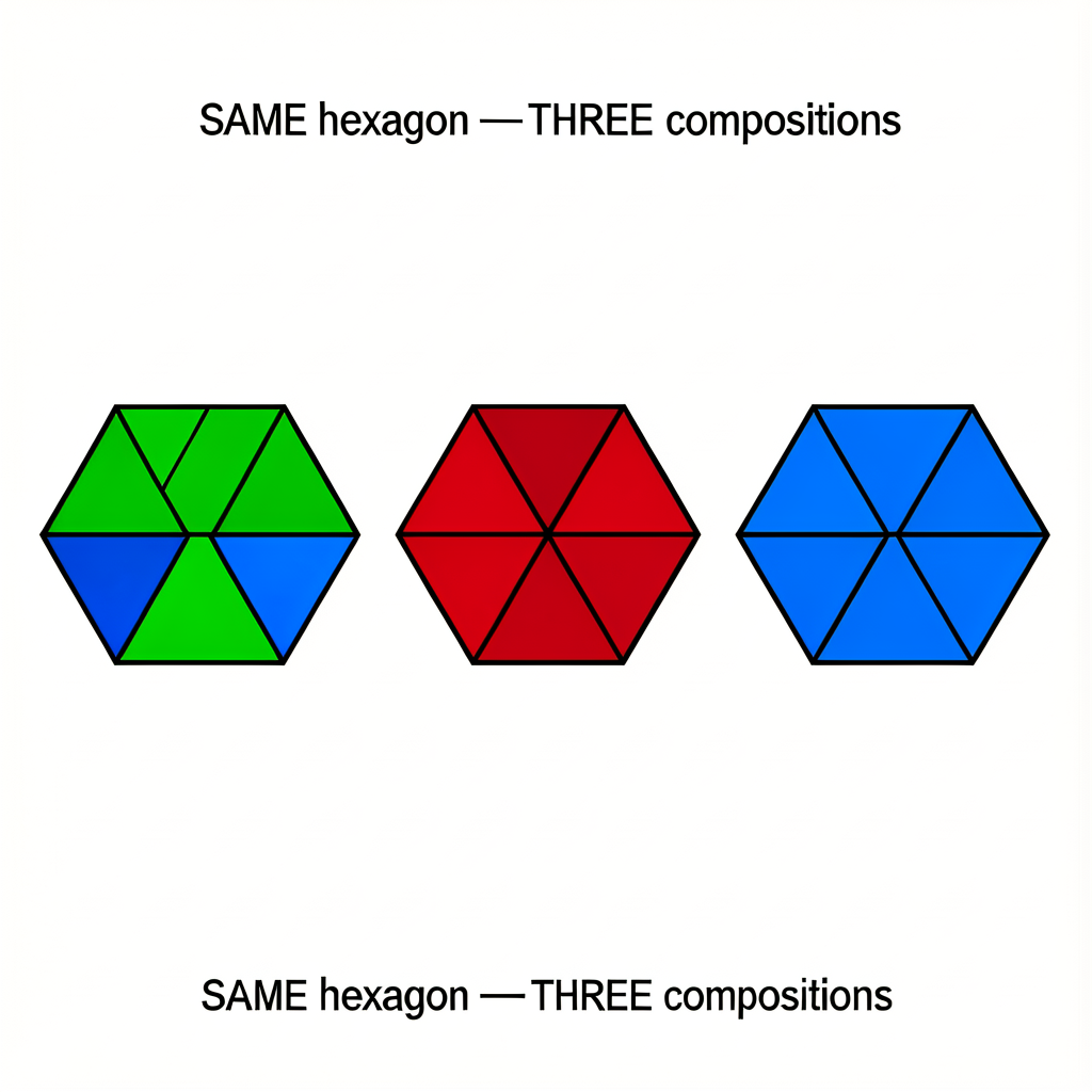 Three side-by-side hexagon outlines. Left: hexagon filled with 6 equilateral triangles in alternating green/blue. Middle