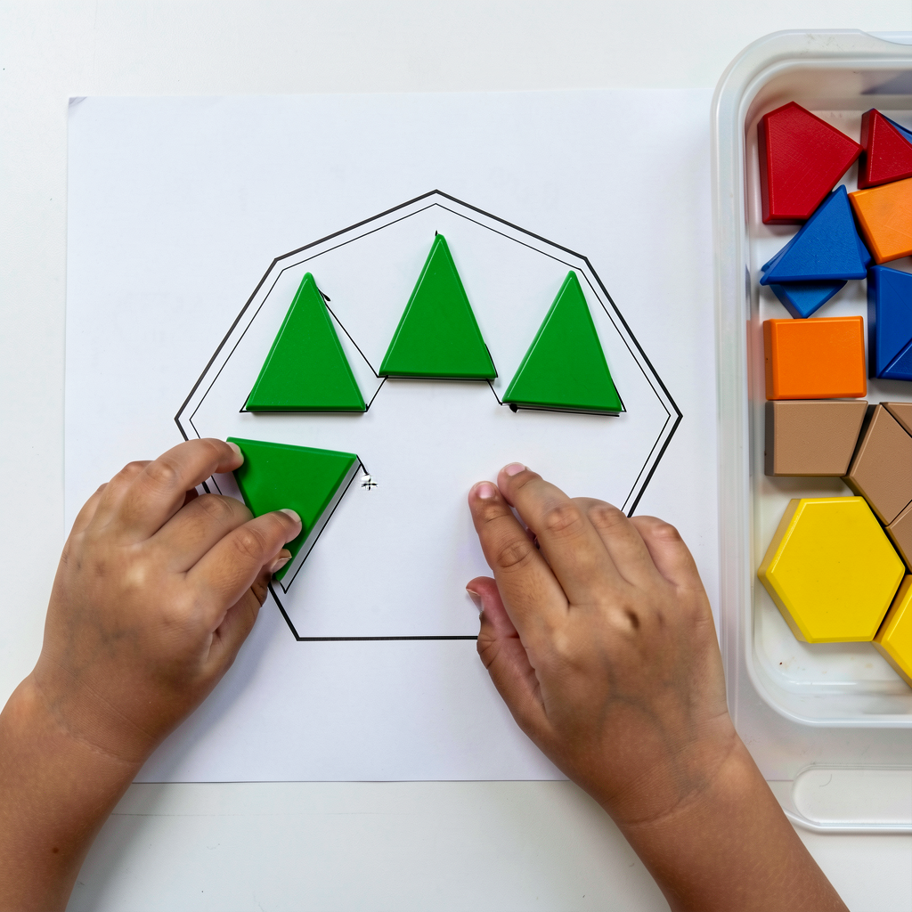 Top-down photo of a child's hands placing the 5th of 6 green equilateral triangle pattern blocks onto a printed hexagon 